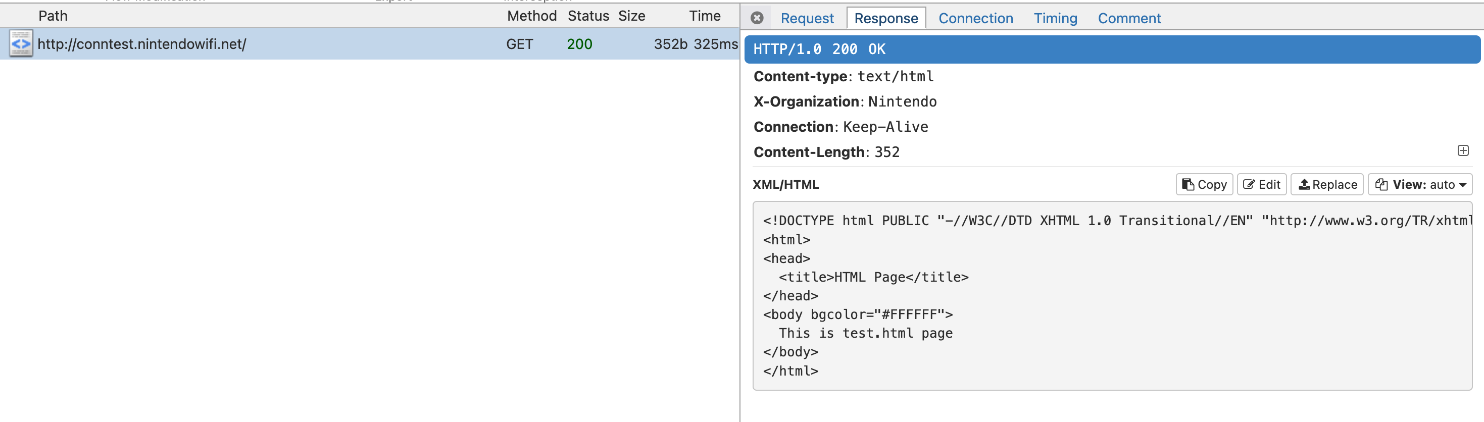mitmproxy web showing an HTTP requests from the Wii to http://conntest.nintendowifi.net