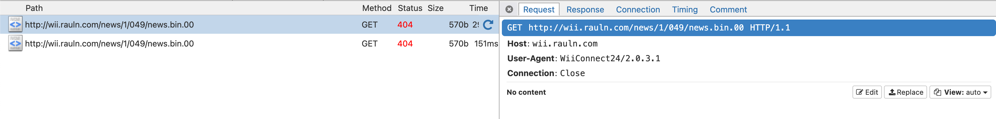 mitmproxy showing http 404 on our custom server from a News Channel request