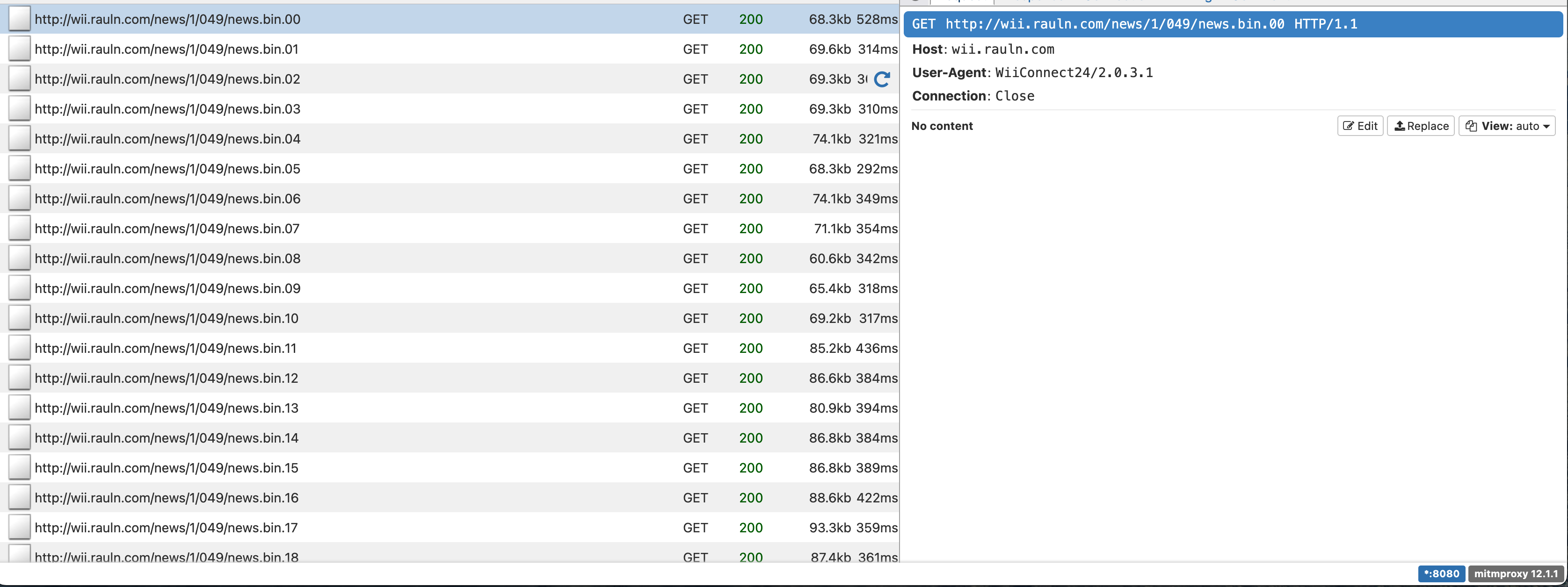 mitmproxy showing successful http 200 requests on our custom server from a News Channel request