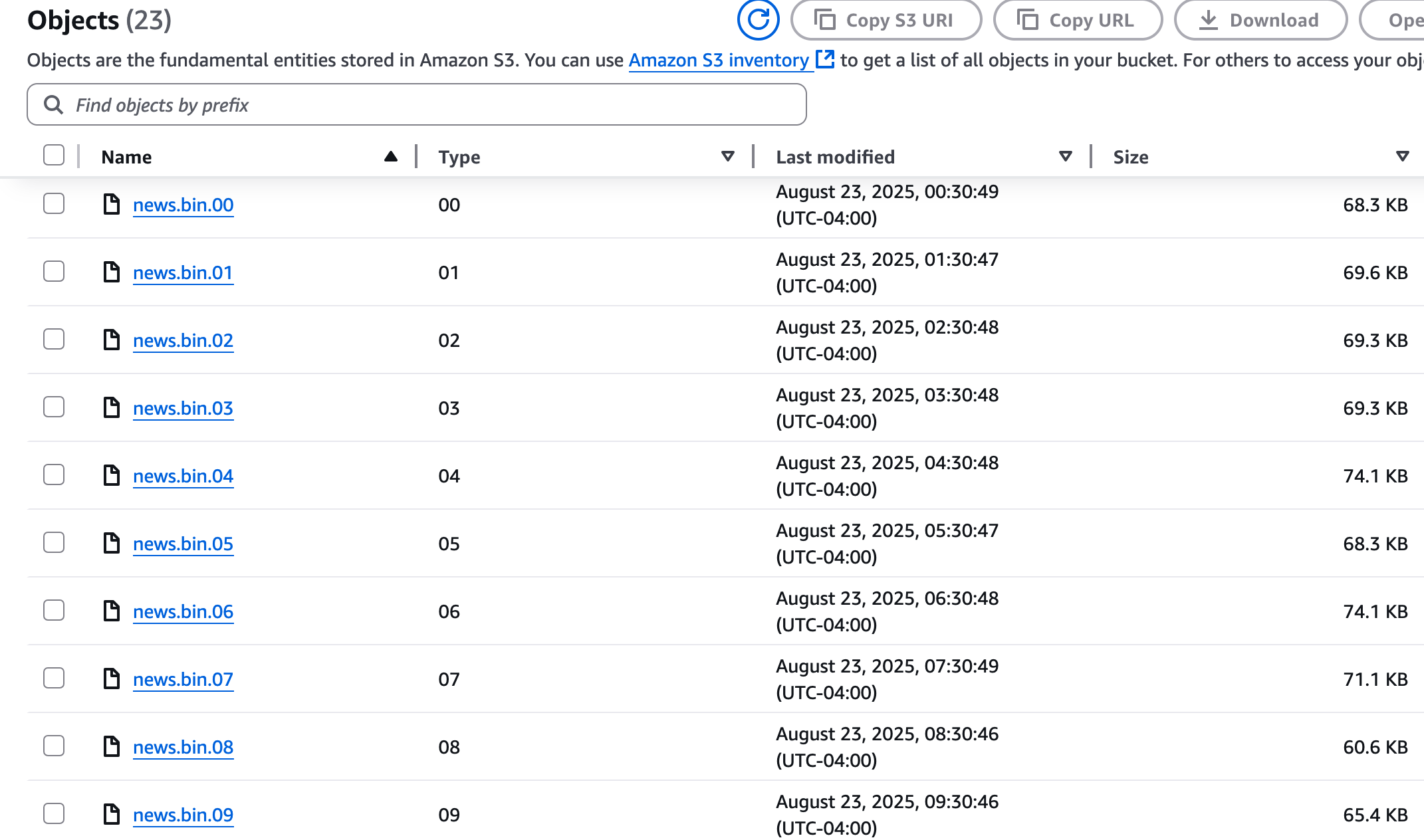 s3 bucket view showing binary news files generated automatically at hourly intervals