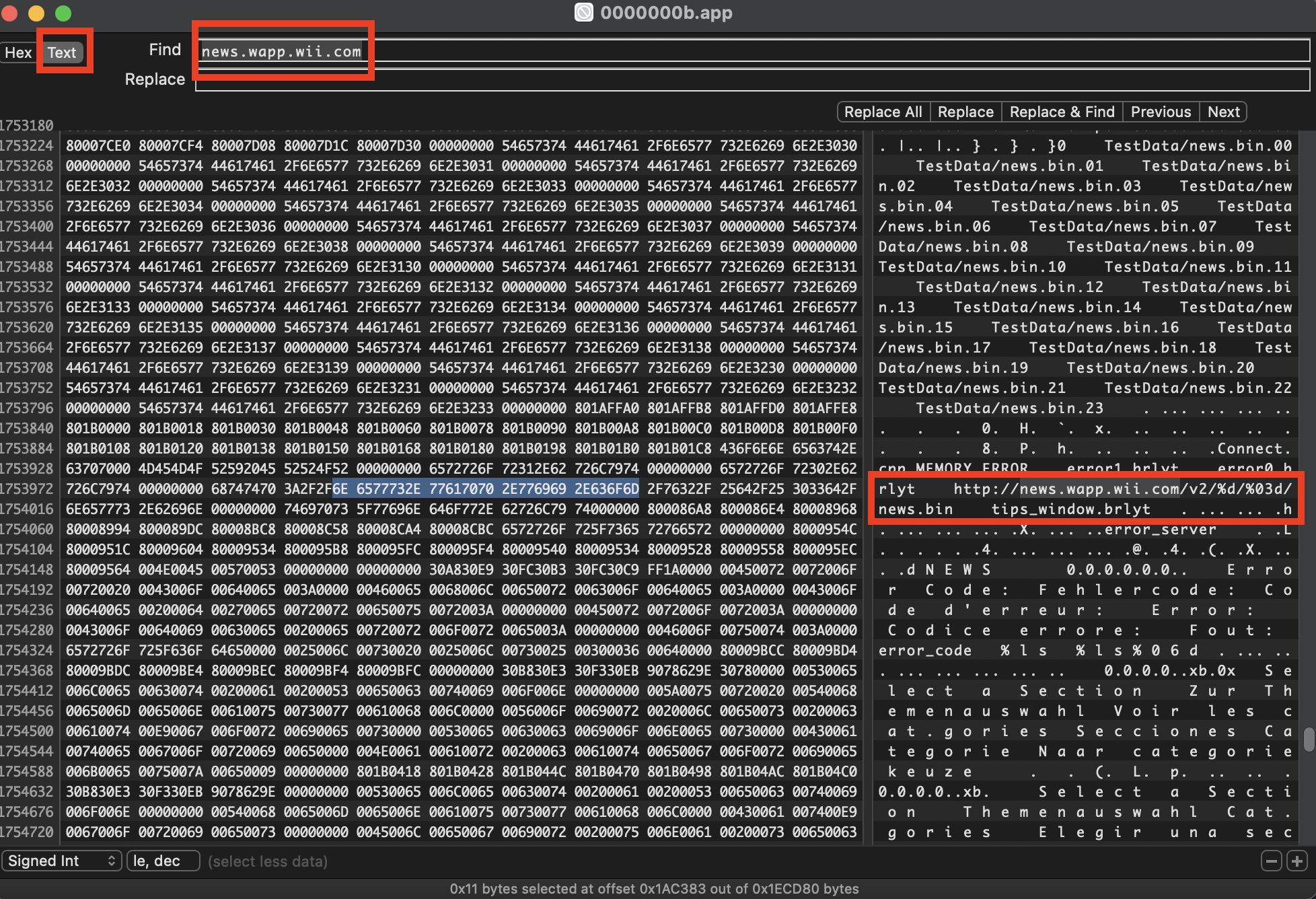 hex fiend UI showing original Wii News Channel data URL in search results