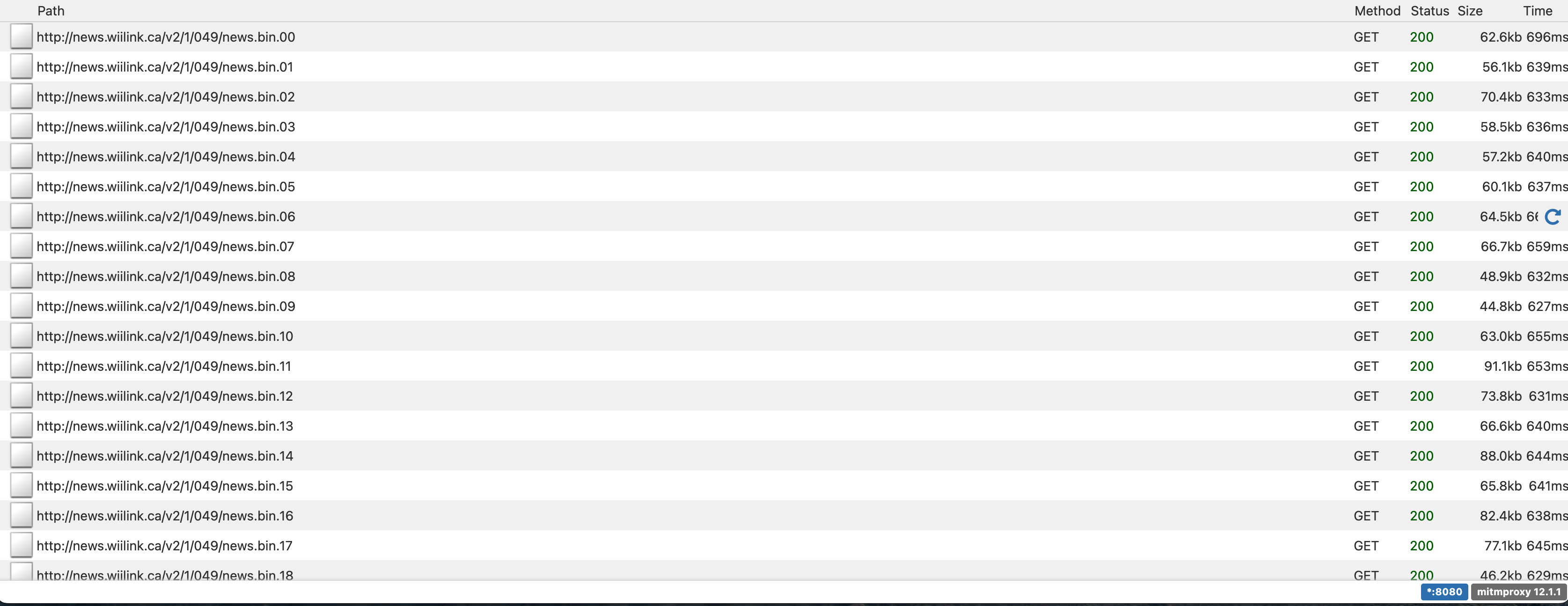 mitmproxy web showing HTTP requests from the Wii to http://news.wiilink.ca/v2/1/049/news.bin.00, etc.