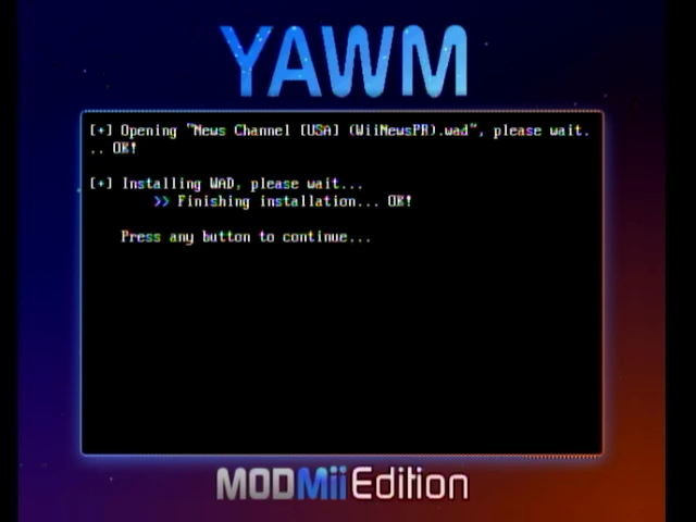 yawmme showing patched WAD installation succeeded